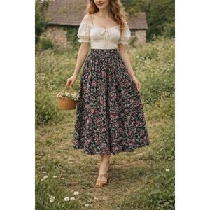 Vintage 90s Cottage Floral Pleated Midi Milkmaid Country Skirt Rayon Women Small